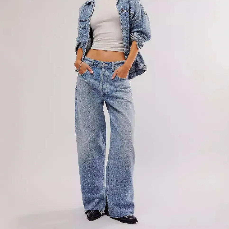 

Джинсы женские широкие брюки со средней талией потертые потертые карманы винтажные прямые джинсовые брюки с разрезом уличная одежда длиной до пола