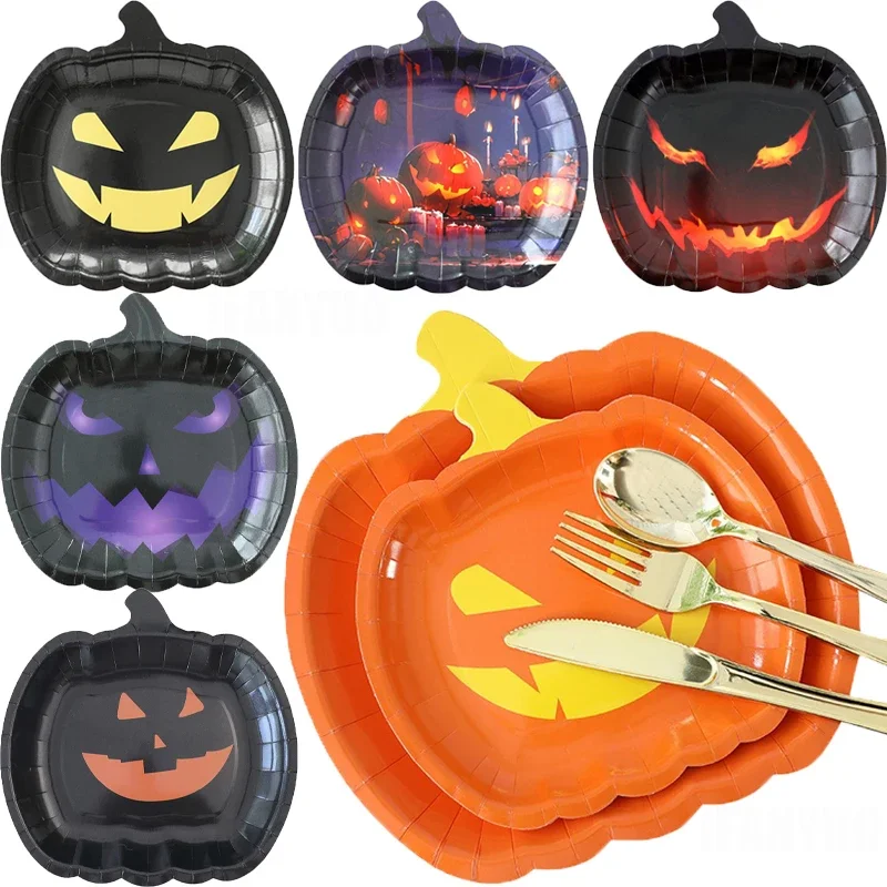 7/9Inch 10Pcs Halloween Kitchen Disposable Tableware Pumpkin Paper Plates Fall Thanksgiving Theme Party Dessert Decor Supplies
