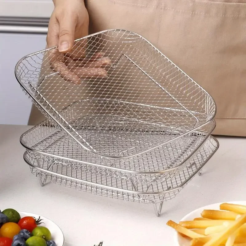 Juego de 3 Accesorios de Acero Inoxidable para Freidora de Aire - Rejilla Cuadrada para Papas Fritas y Parrilla para Cocina y Comedor, Rejilla para Freidora de Aire