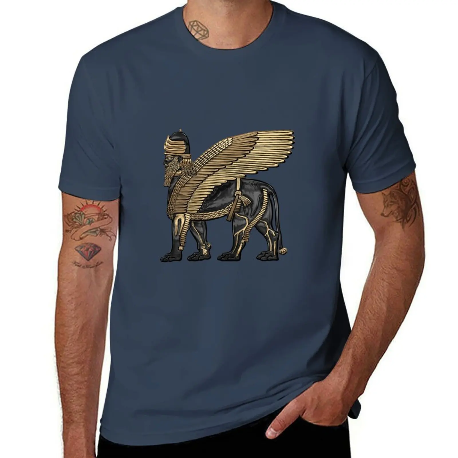 

White and - Lamassu Gold Lion Black Leather Winged over Assyrian T-Shirt Sports Basic Short Sleeve T-Shirt