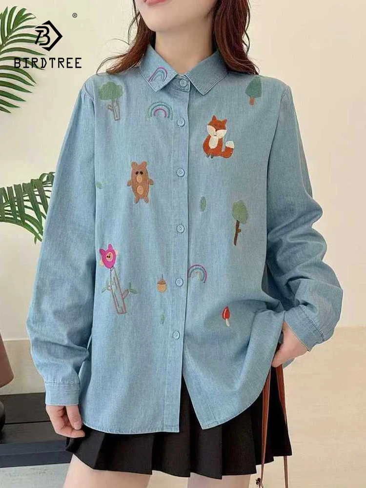 

New 2025 Winter Long Sleeve Denim Shirt, Women Turn-down Collar Embroidery, Mori Girl Retro Age Reduction Loose Blouse T5N792CC