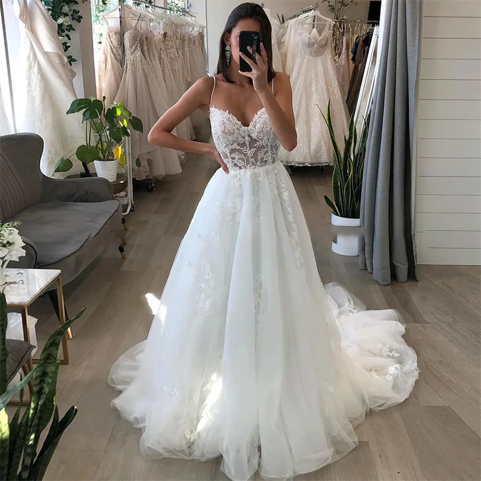 Sexy Sweetheart Neck Appliques Tulle Spaghetti Strap Wedding Dresses For Women 2024 Court Train Bride Gowns vestidos de novia