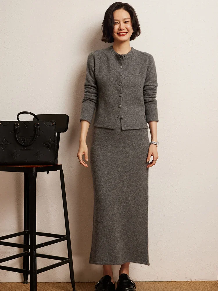 Women Suite Cardigan Skirt Autumn Winter Sweater Two Piece 100% Cashmere Sweater Dress Double Layer Pullover Clothes Set Knitted