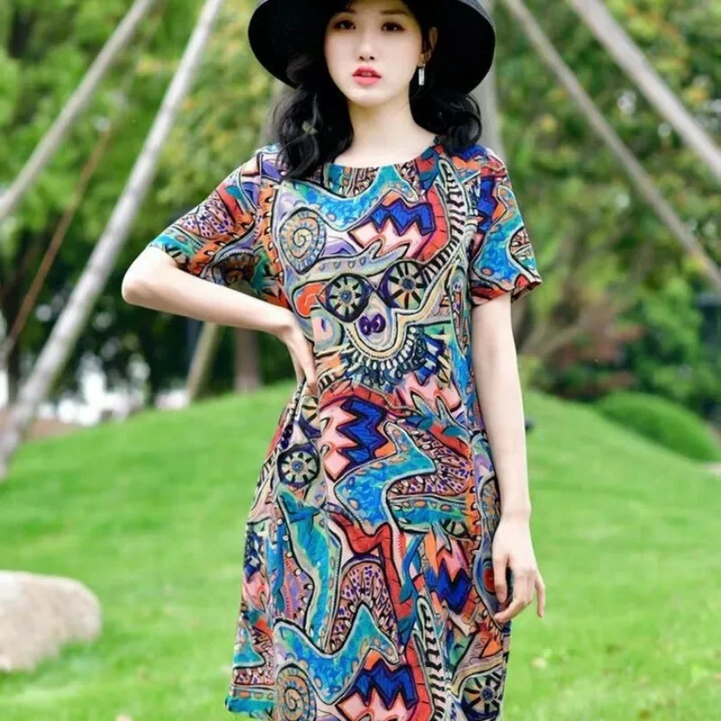 Floral Loose Dresses Plus-size Women's Dress Fat Mm Rich Lady Middle-aged Mom Outfit Tide Summer Wear Korean Version New Style