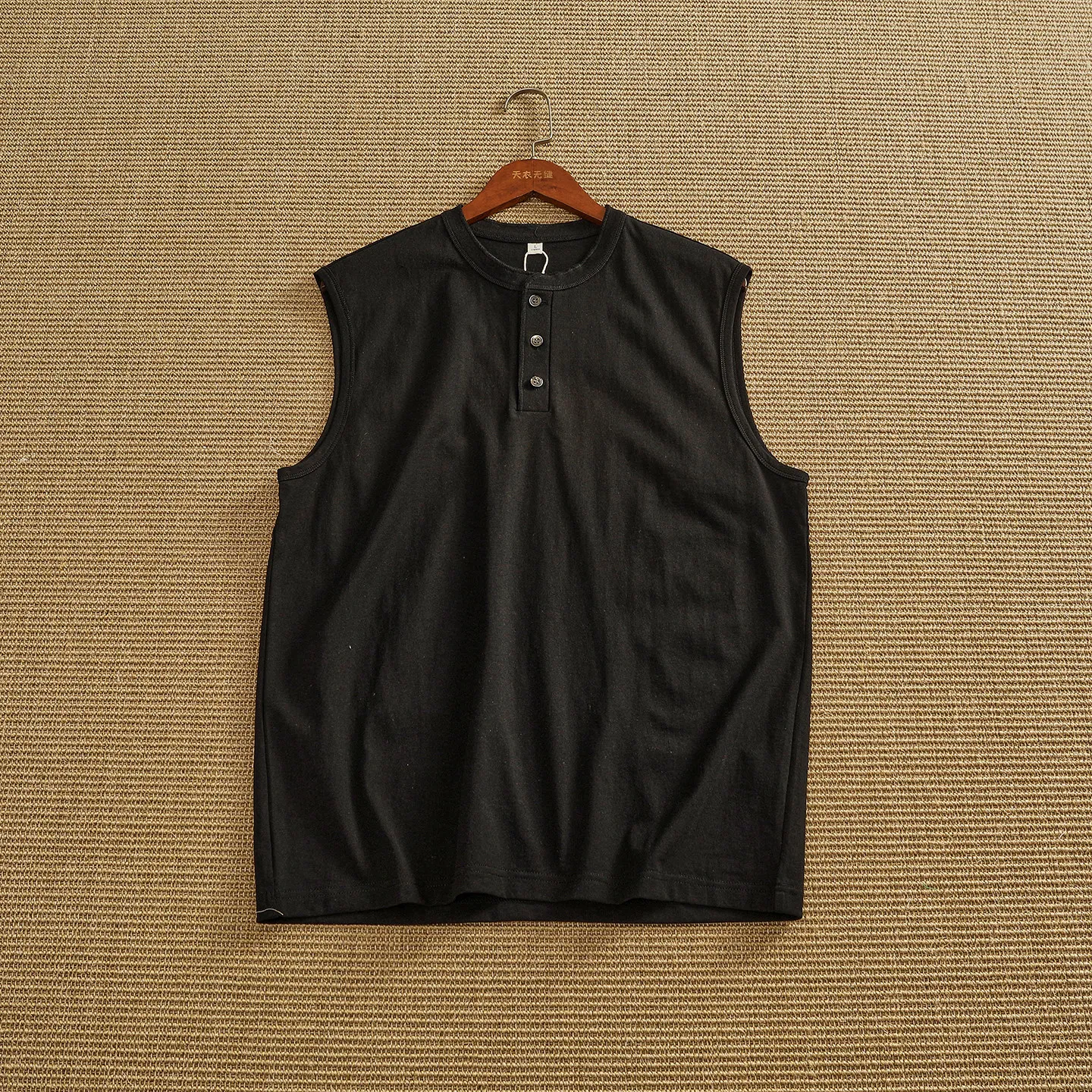 100% Cotton Henley Collar Sleeveless Waistcoat Men's Three Button Round Neck Loose Breathable Casual Basement Vest