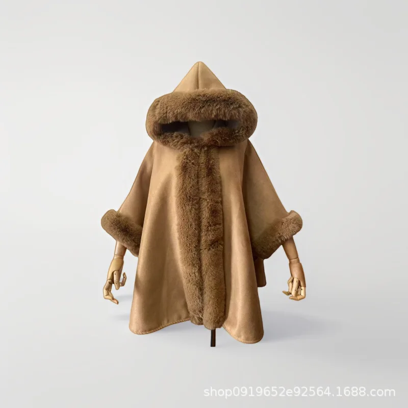 

Big Fur Collar Cape Scarf Shawl Hooded Woolen Coat Tassel Top Autumn and Winter New Warm