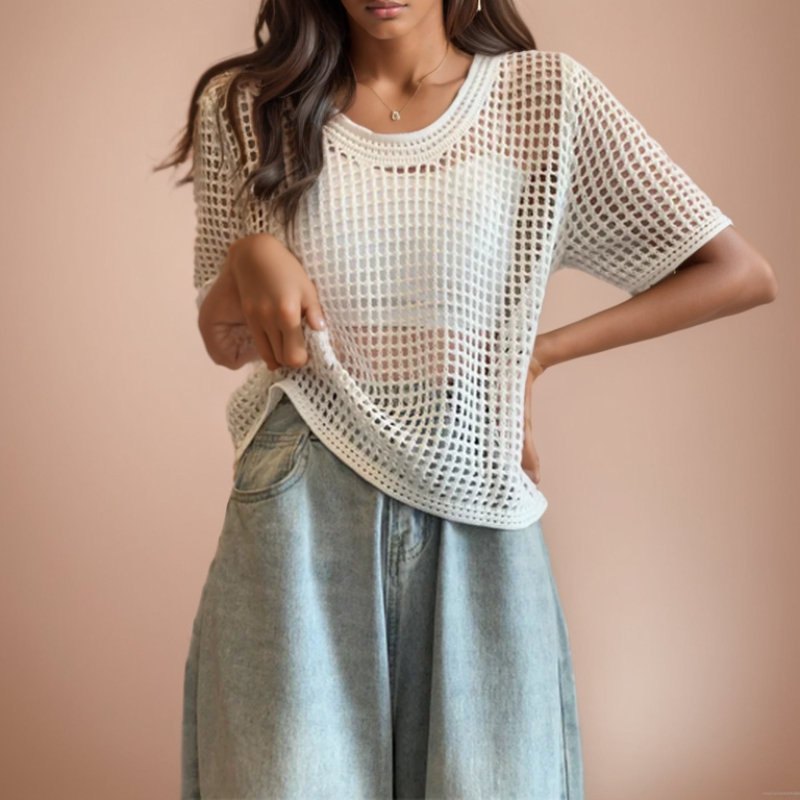  ITOOLIN Casual For Women Beach Slim Tops O-Neck Summer Sexy Hollow Out Knitting Shirt For Women Knit T-shirt Spring Summer 2024 