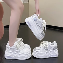 White/Silver 8CM High Platform Shoes Women Mesh breathable Sneaker Real Leather Height Increasing Sports Basketball Walking Shoe