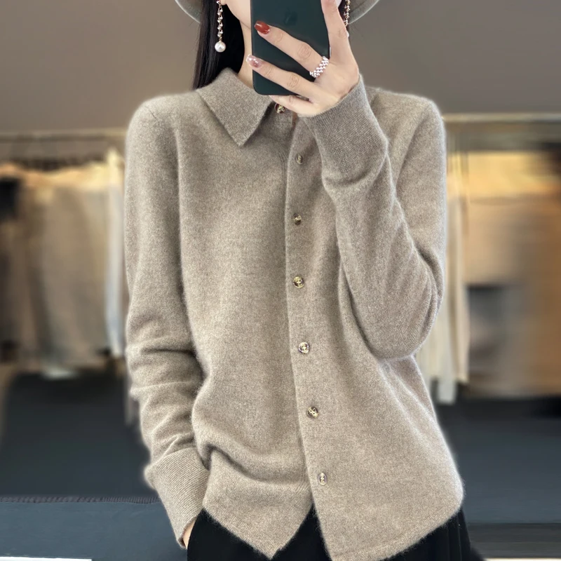 Spring And Autumn POLO Neck Sweater Knitted Shirt With Loose Long Sleeve 100% Wool Coat Cashmere Button Cardigan Style Jacket