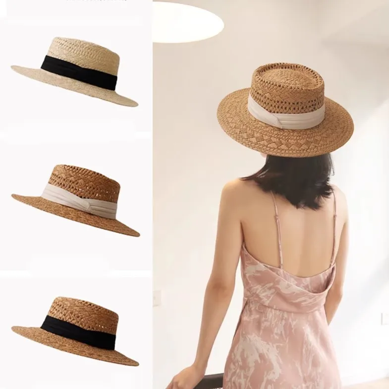 

Retro Flat Top Straw Travel Seaside Vacation Travel Sun Protection Beach Sun Hat Women's Summer