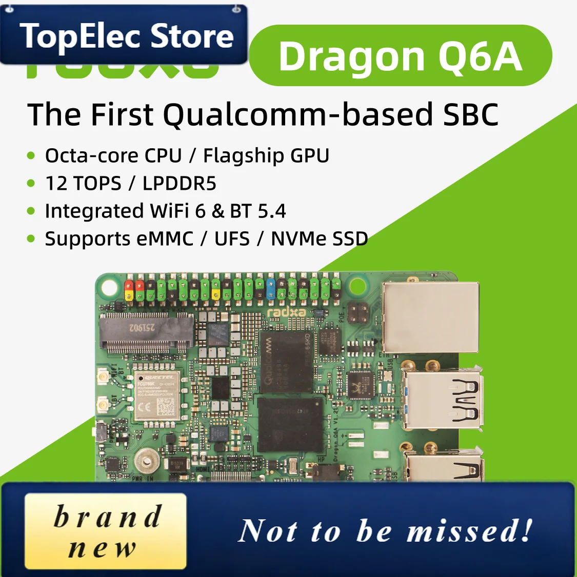 TopElec Radxa Dragon Q6A: Qualcomm QCS6490 Edge AI Solution, 12 TOPS Performance, LPDDR5 Memory, Octa-Core Processor