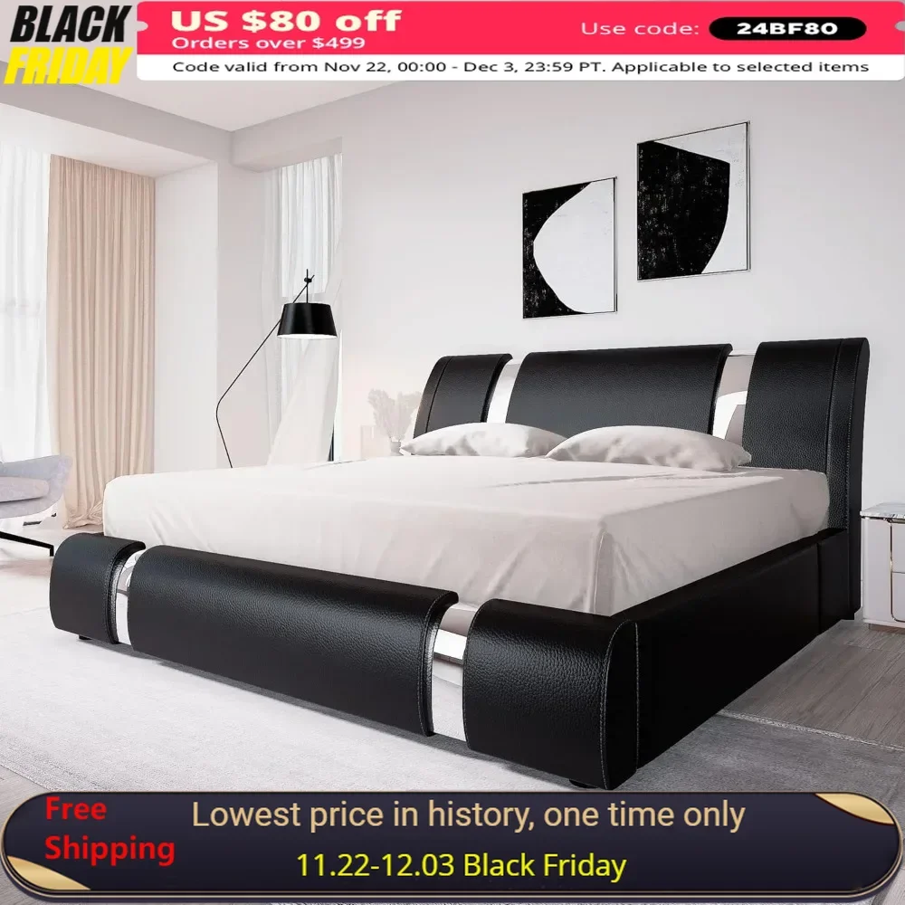 King Size Bed Frame with Iron Piece Decor, Faux Leather Platform Bed with Curved Adjustable Headboard, Wooden Slats Support