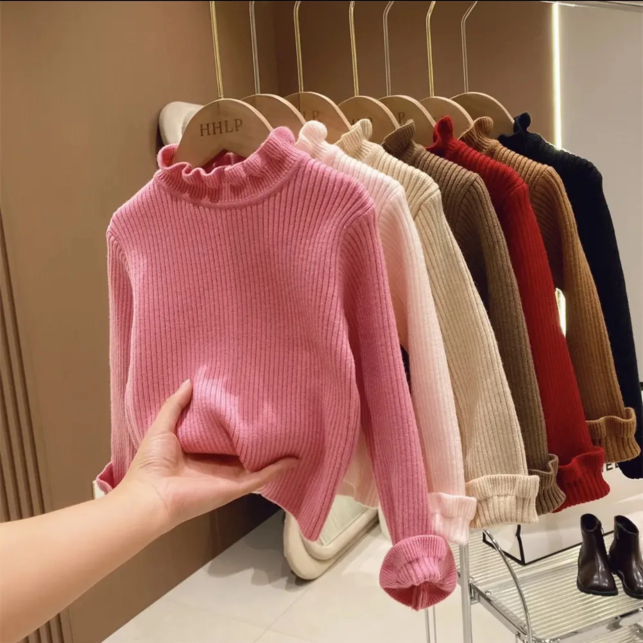 Girls Sweater Winter Fashion High Neck Solid Color Bottom Shirt Children High Elasticity Irregular Collar Knit Pullover