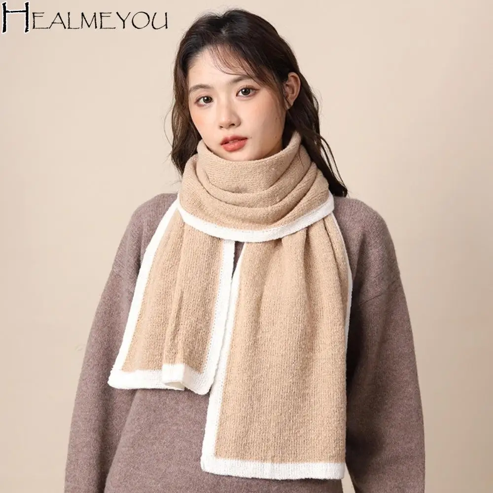 

Simple Thicken Winter Scarf Wool Color Contrast Knitted Scarfs Korean Style Soft Plush Neckerchief Autumn