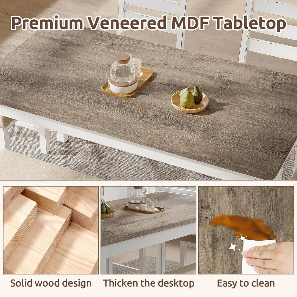 "farmhouse style rectangular solid wood dining table set for 6 with space-saving and stable design"