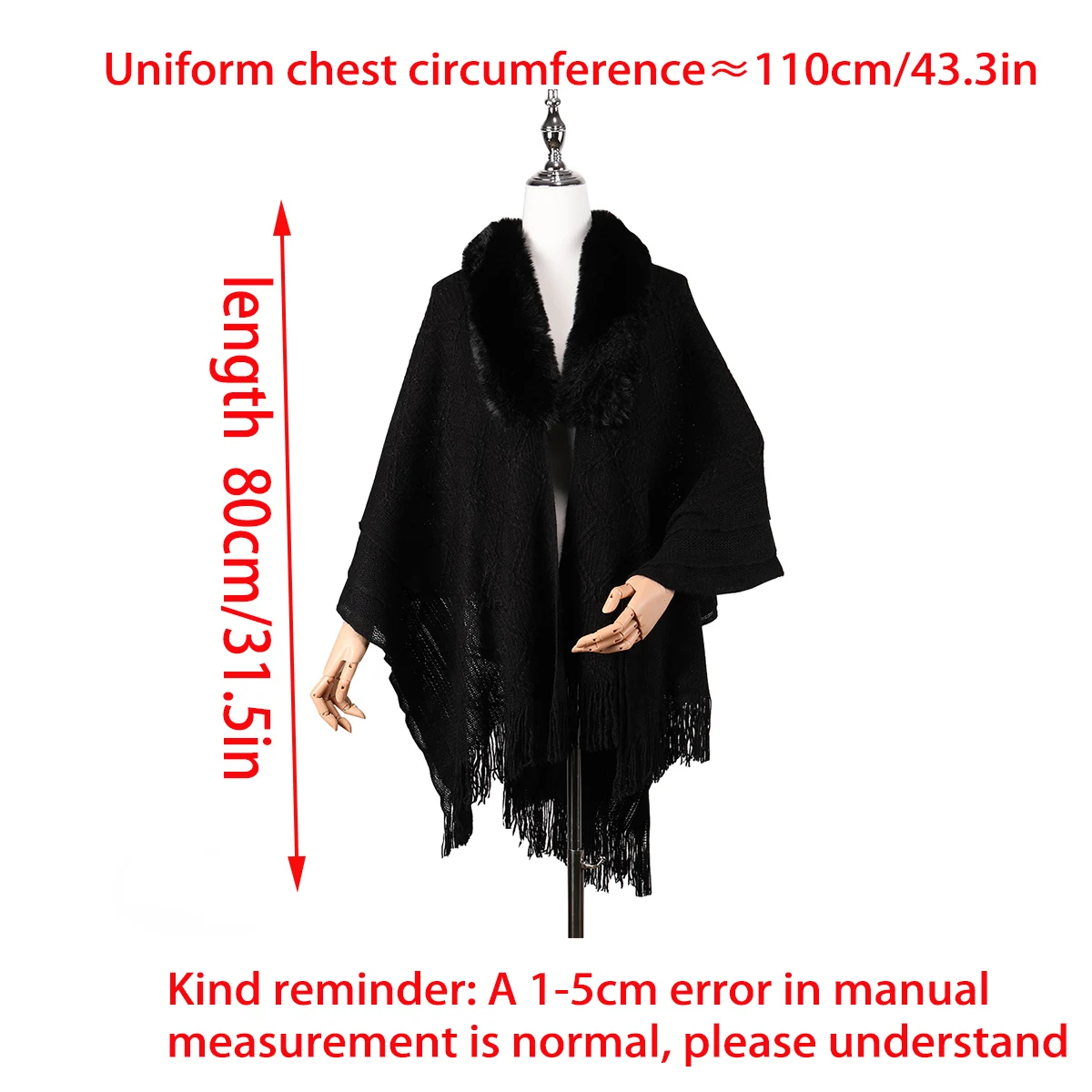 Women's faux fur collar diamond knitted shawl, vintage tassel loose cape, warm multifunctional shawl view 6