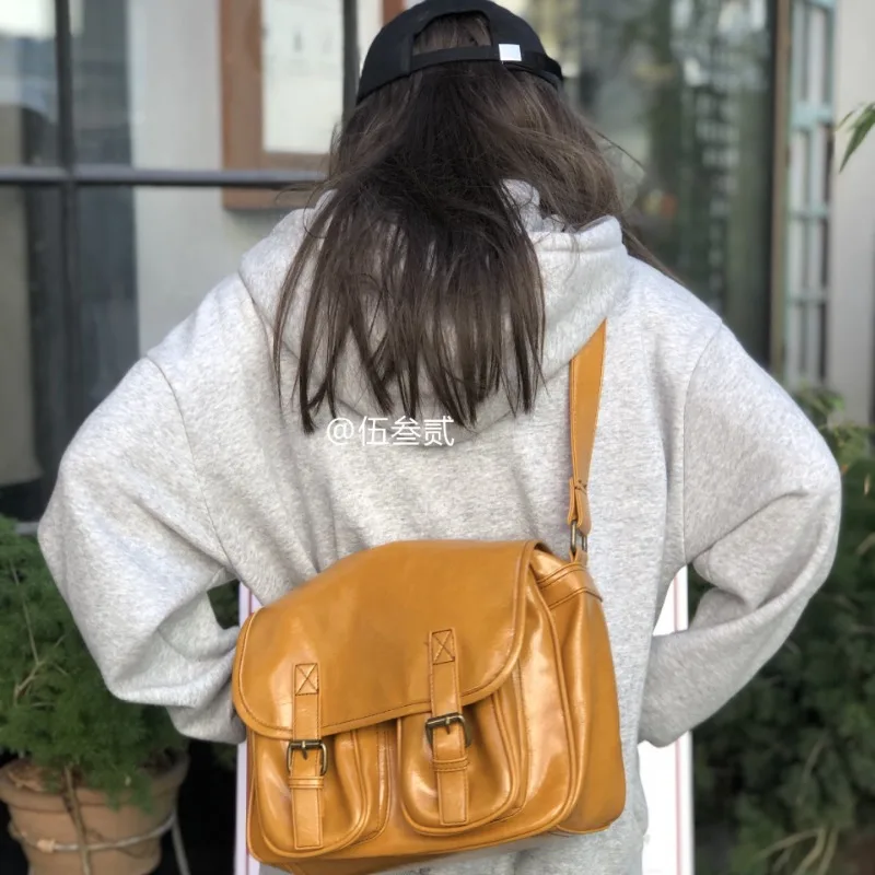 Harajuku Style Vintage Fashion Yellow Black PU Messenger Satchels Bag Large Capacity All-match Crossbody Shoulder Bags for Women