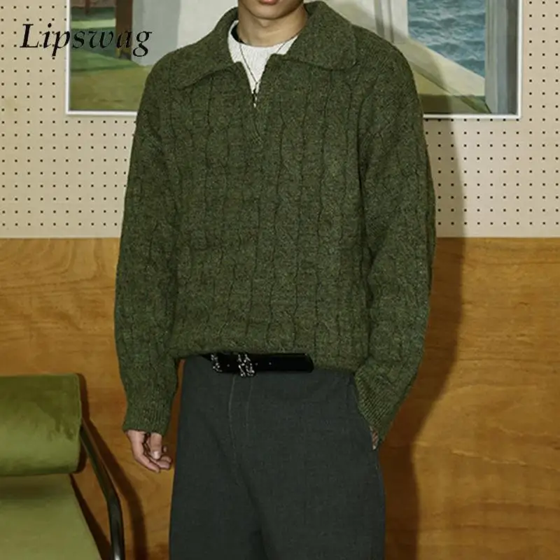 

Stylish Twist Texture Knitted Polo Shirts Men Vintage V Neck Lapel Sweaters Autumn Winter New Casual Men's Double Layer Jumpers