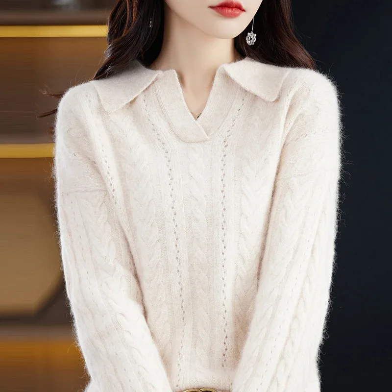 RONGNI Polo Collar Mink Cashmere Sweater Short Autumn And Winter New Woman Loose Pullover Wool Knitted Bottoming Shirt