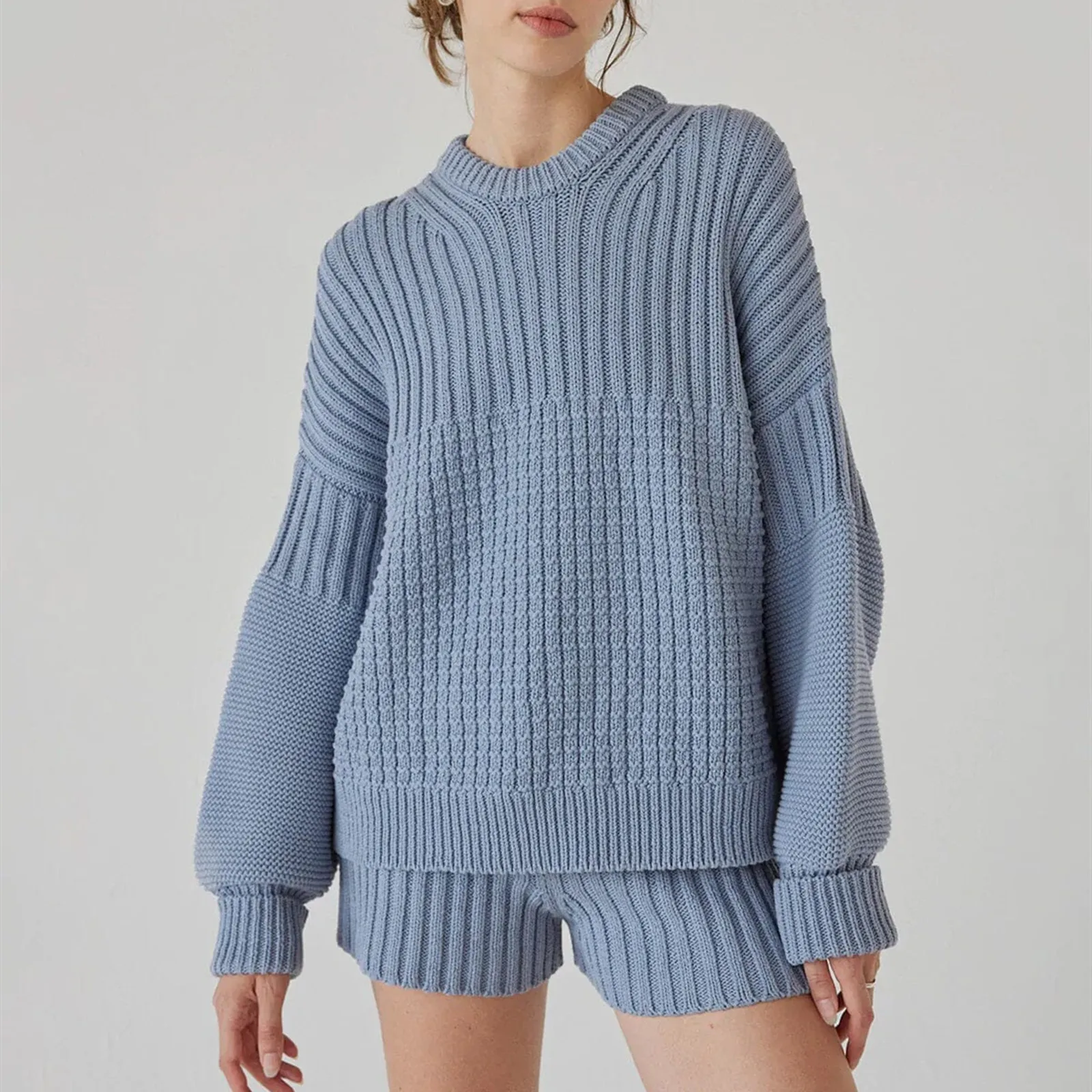 Women 2 Pieces Short Set Autumn Knitted Outfits Leisure Style Loose Fit Long Sleeve Crewneck Sweaters Tops Shorts Sets Dailywear