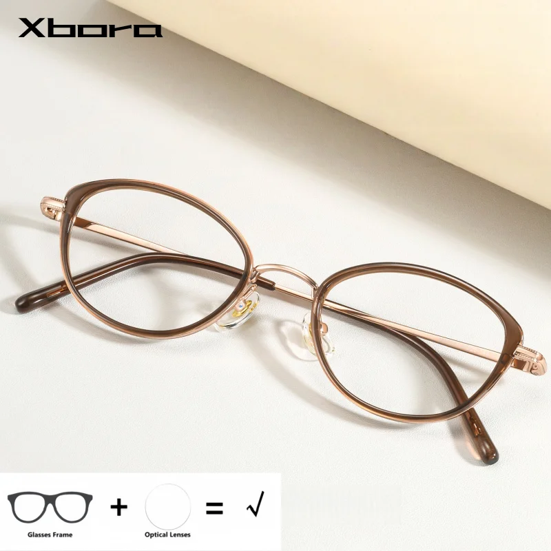 

XBORA Women Ultralight Titanium Small Size Retro Cat Eye Eyeglasses Frame Elegant Luxury Exquisite Optical Prescription Eyewear