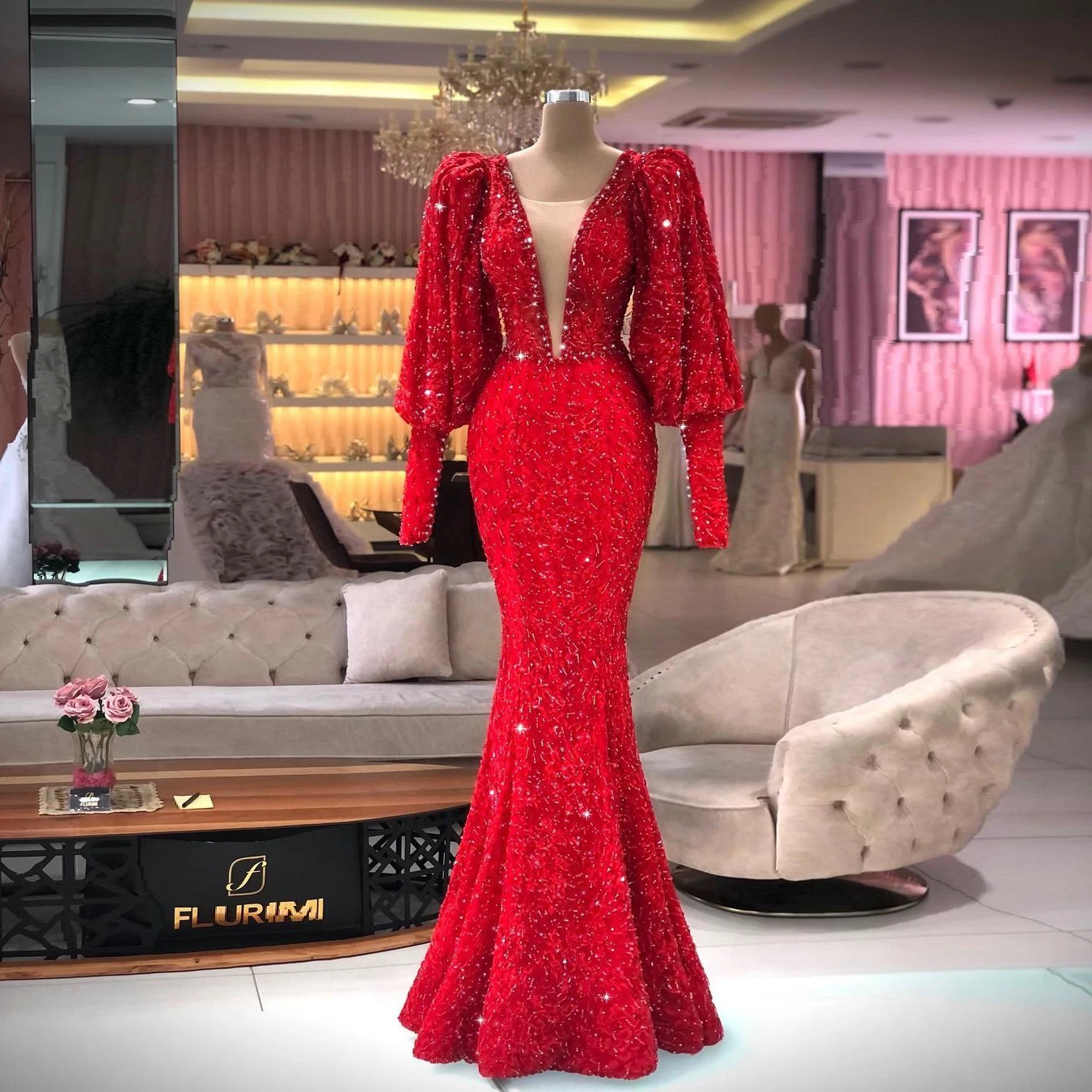 

Red Elegant Mermaid Fish Evening Dress Long Sleeve Sequin Prom Dress Sparkling Formal Party Wedding Dress Plus Size Customized