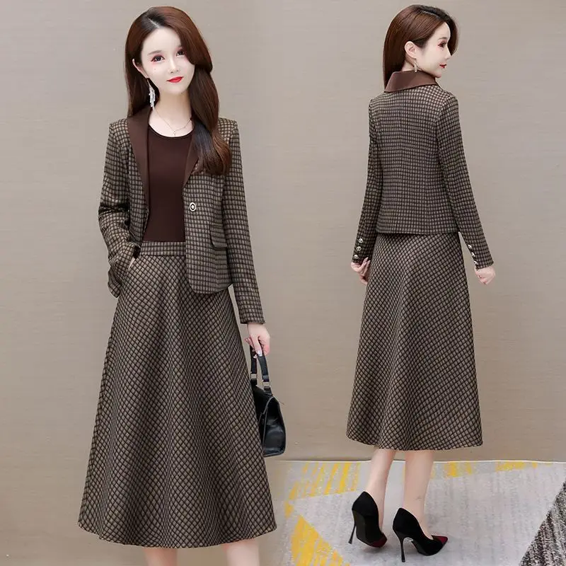 Women\'s Fashion Suit Skirt Two-piece Set 2022 Autumn and Winter New Elegant Long Sleeve Vintage Blazer Coat Mid Skirts Suits