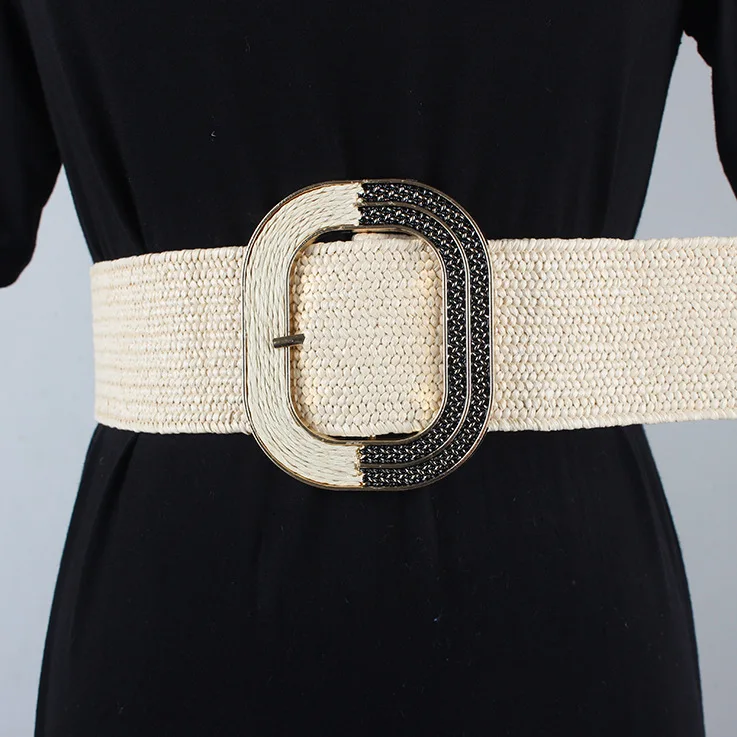 Braided Waist Belt Female Vintage Boho PP Fake Straw Wide Long Belts Waist Strap For Women Round Square Buckle Dress Decorative