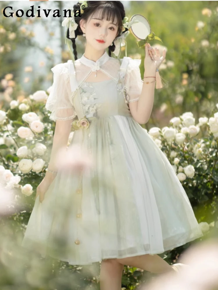 

Spring Summer Elegant Lolita Jsk Chinese High Waist Daily Suspender Dress Fashion Women Versatile Embroidered Bow Short Shirt