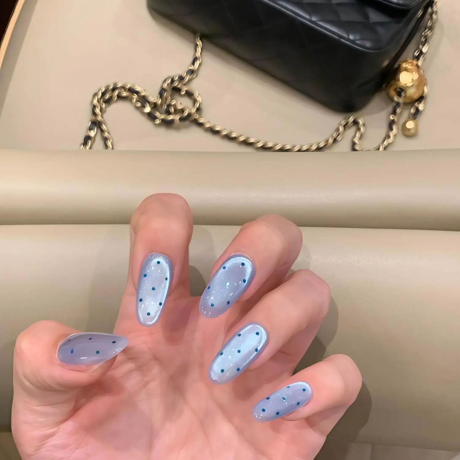Summer Sea Salt Ice Blue Aurora Polka Dot Handmade Press On Nails, Medium Oval Transparent Shimmer Plain Fake Nails Without Rhin
