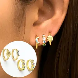 925 Sterling Silver Ear Needle Sun Moon/Star Zircon Hoop Ear Buckle For Women Vintage Earrings 2024 New Fashion Party Jewelry