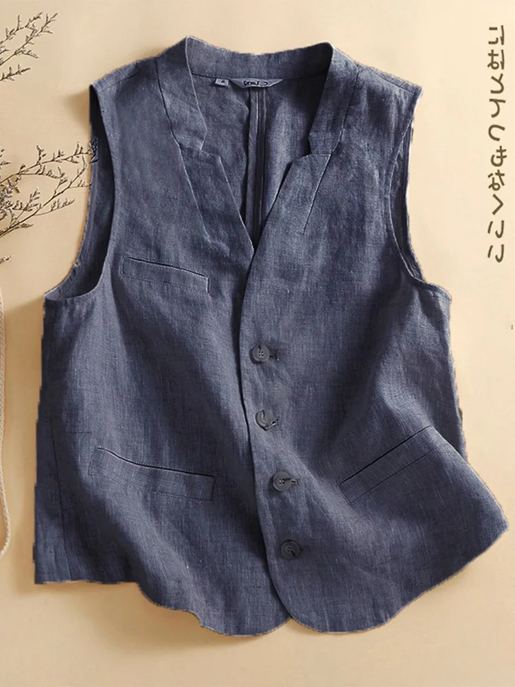 Haut léger en coton et lin pour femmes, ample et décontracté, gilet d'extérieur, vêtements d'extérieur, pour les déplacements, détail de boutons v-ne, longueur ort