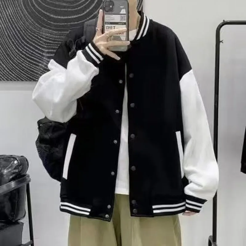 

Свободная бейсбольная куртка на флисовой подкладке для молодежи, модная, в университетском стиле, однотонная верхняя одежда для пар, студенческая куртка