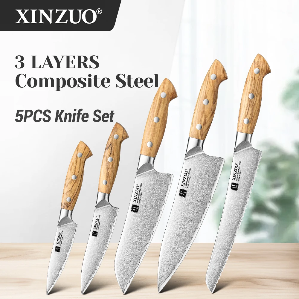 

XINZUO Premium Kitchen Knife 5PCS Knife Set 10Cr15CoMoV Steel Core Burst Pattern Handle Various Ingredients Kitchen Tool