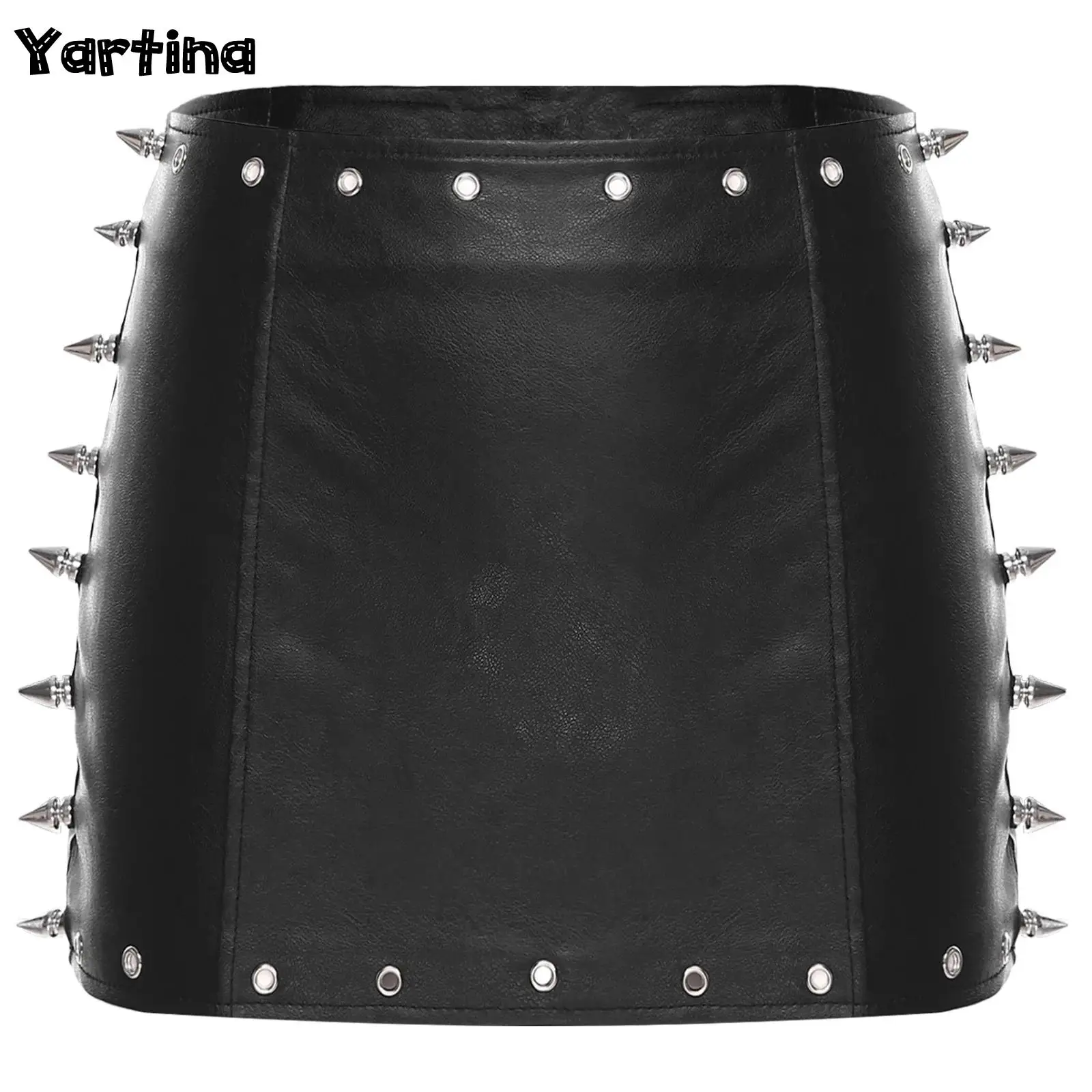 

Womens PU Leather Latex Short Skirt Hip Hugging Short Skirt Clubwear Rivets Pockets Zipper Mini Skirt Rave Festival Clothings
