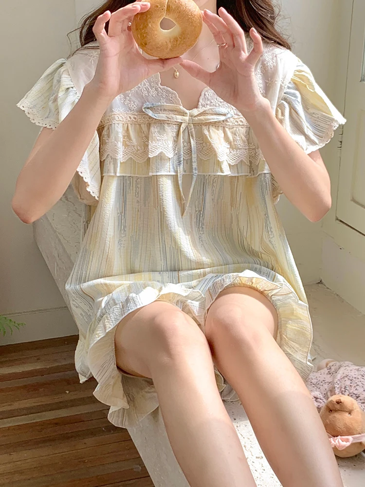 

Summer Thin ort Sve Loose Women's Spwear Set Cute Home Clothes Two-Piece Stripe Pattern V-Ne Cotton Comfortable Nig...
