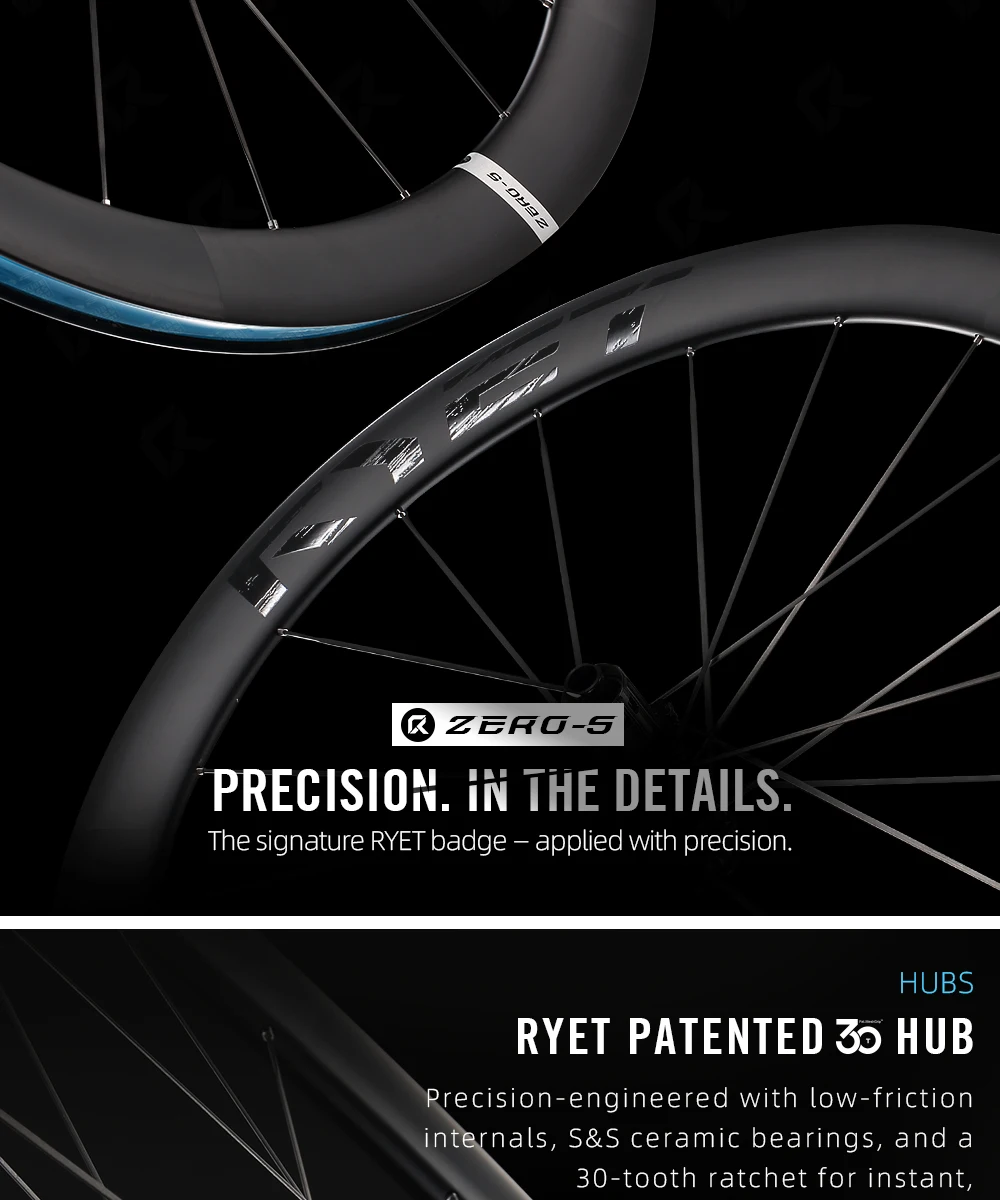 RYET Carbon Road Wheelset 965g Disc Brake 30T Ceramic Hub