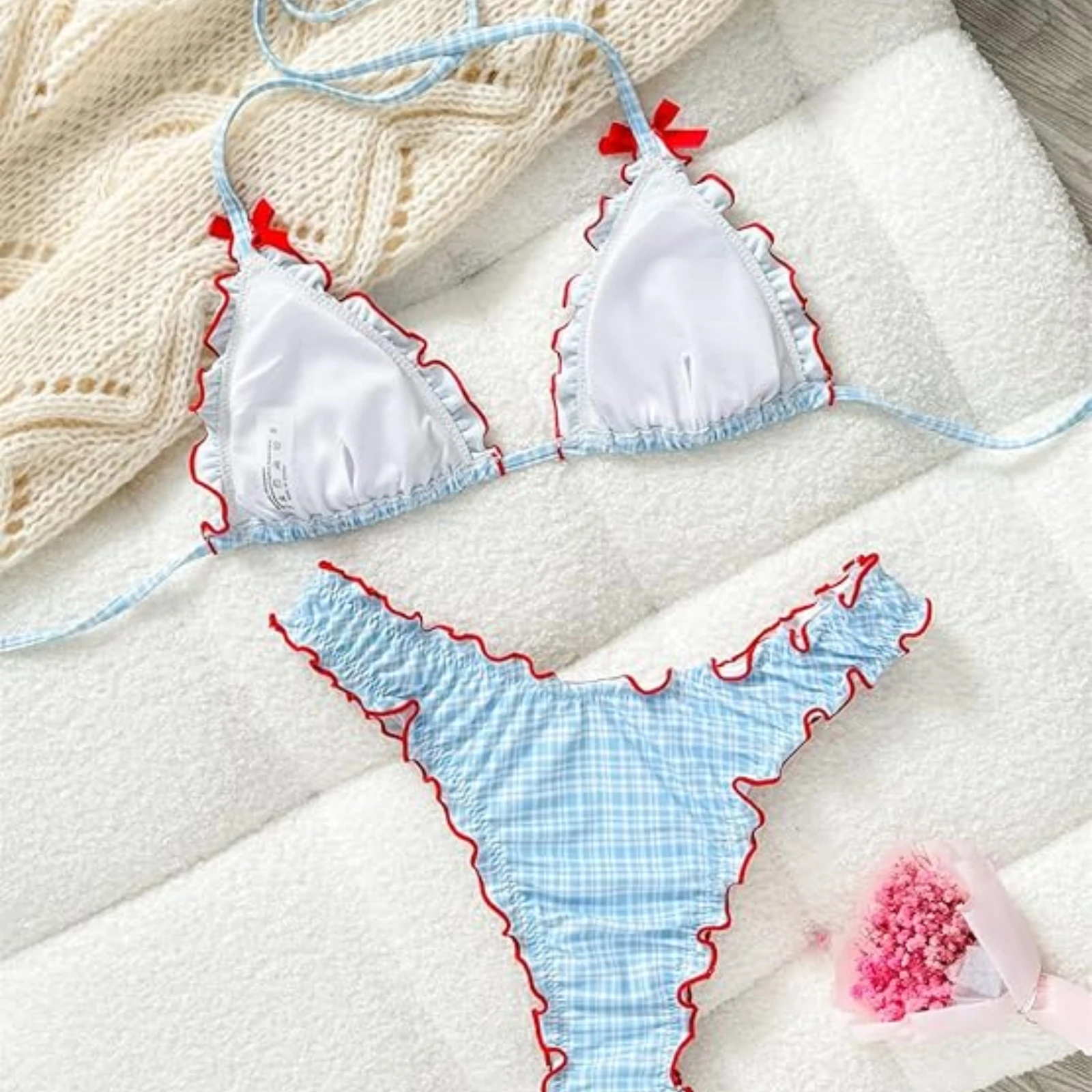 Yiiciovy Plaid Ruffle Hatle 비키니 세트 여성 수영복 Ruffled Trim Push Up 브라질 수영복 여성 New Biquini 수영복