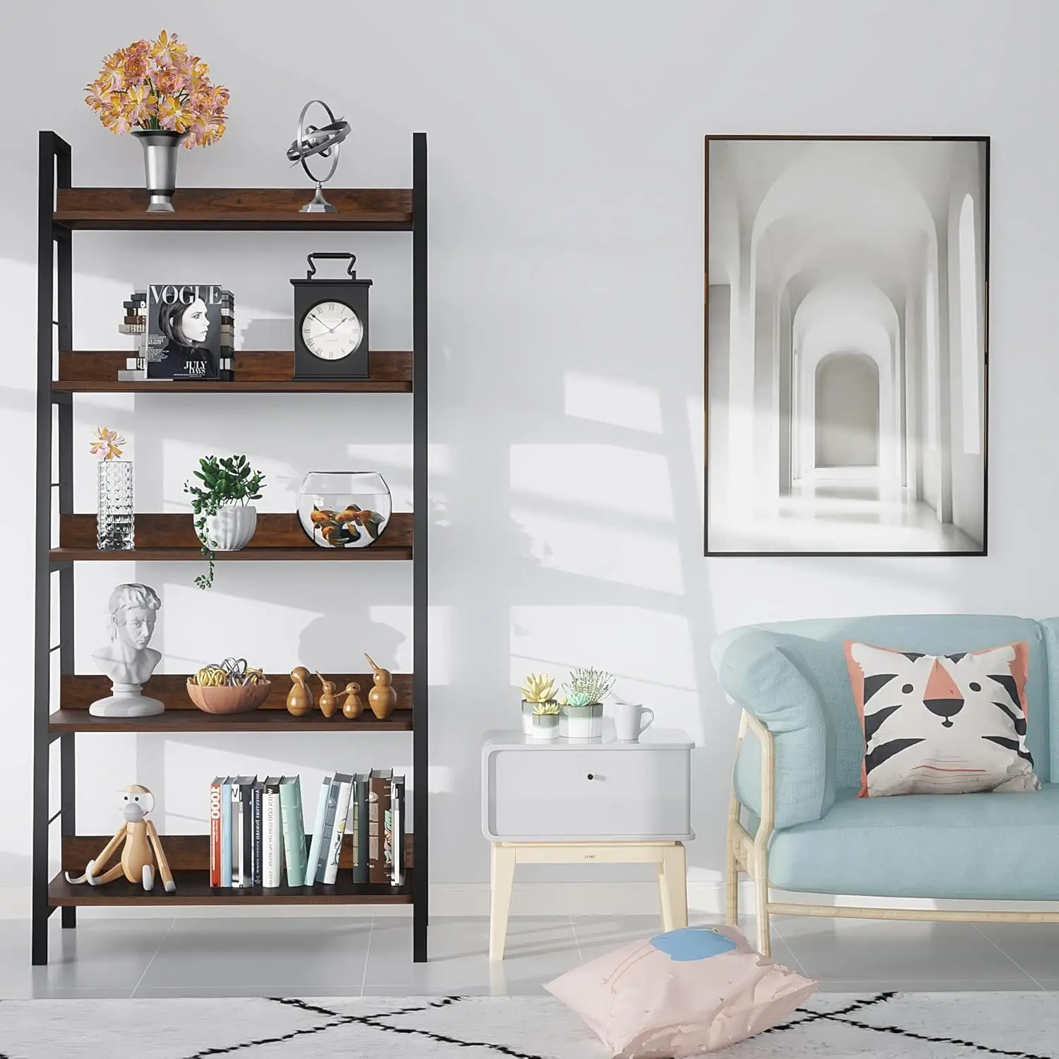 رف كتب سلم مكون من 5 طبقات، رف تخزين أرضي بني ريفي مع إطار معدني، عبوتان لغرفة المعيشة والمكتب المنزلي #6