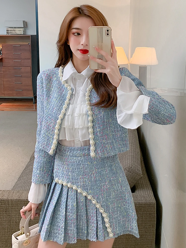 High Quality Autumn Blue Tweed Woolen Two Piece Set Women Elegant Beaded Short Jacket Coat+High Waist Pleated Skirt Casual Suit