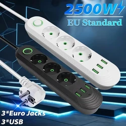 EU Plug Power Strip 3/4/5 Outlet Multitap Extension 10A with 2 USB 1 Type-C Ports 2m Cord Electrical Socket 2500W