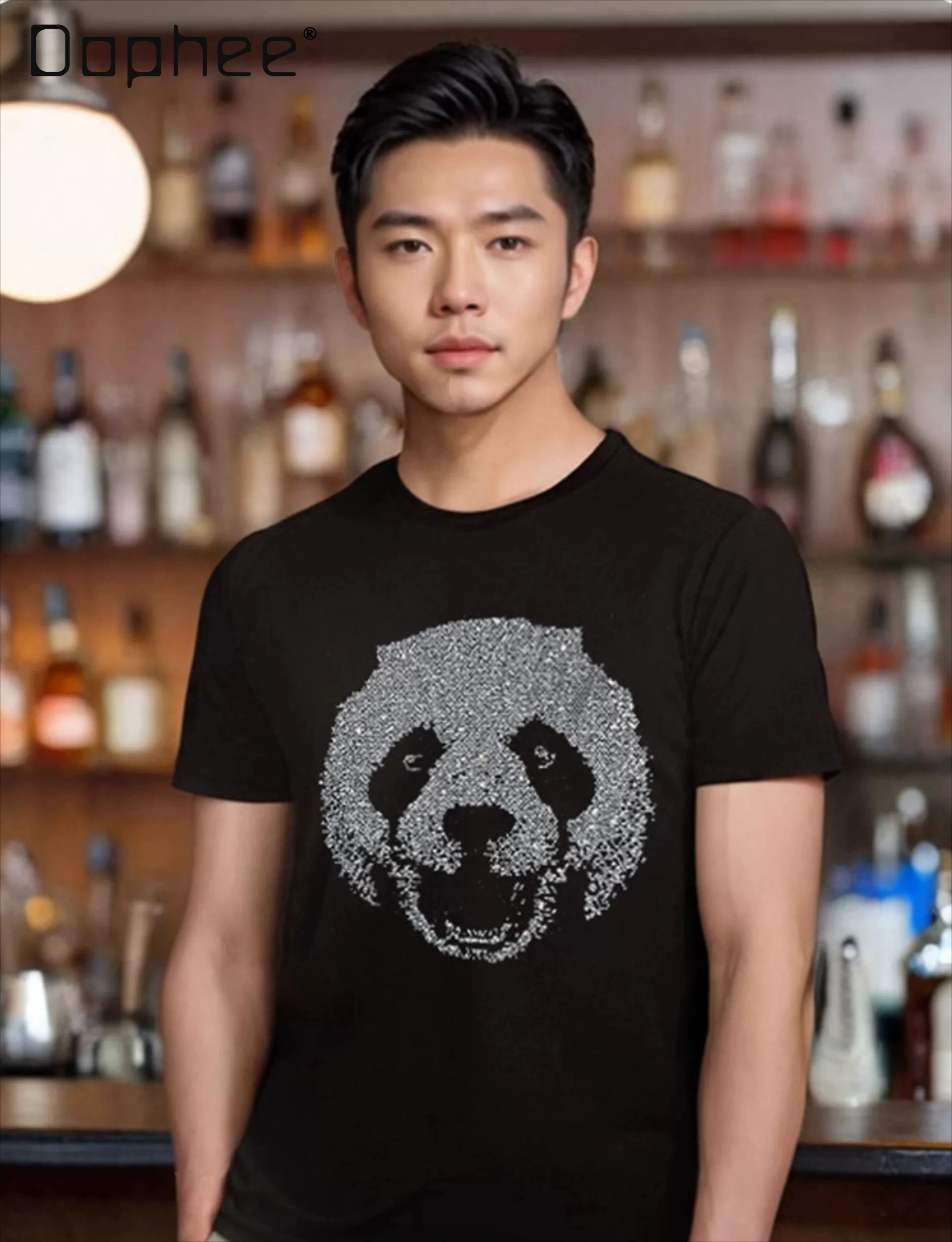 

2026 Summer New Men Black White Bling Shiny Panda Rhinestone T-Shirt Red Fitted Casual Round Neck Short Sleeve Tops