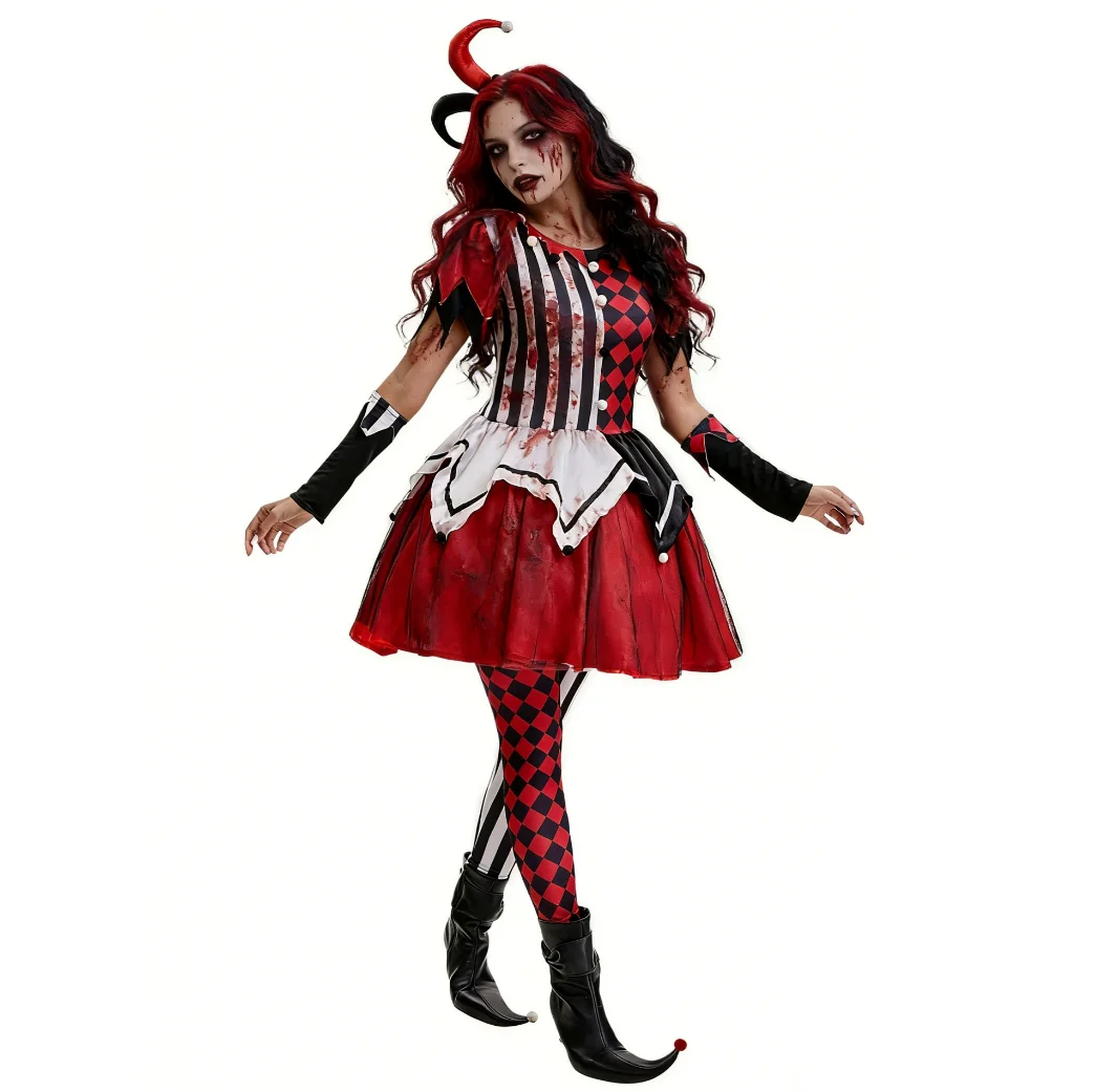 Women Vintage Harlequin Joker Outfit, Bright Circus Clown Fancy Gown Halloween Mardi Gras Masquerade Stage Cosplay Costume view 3