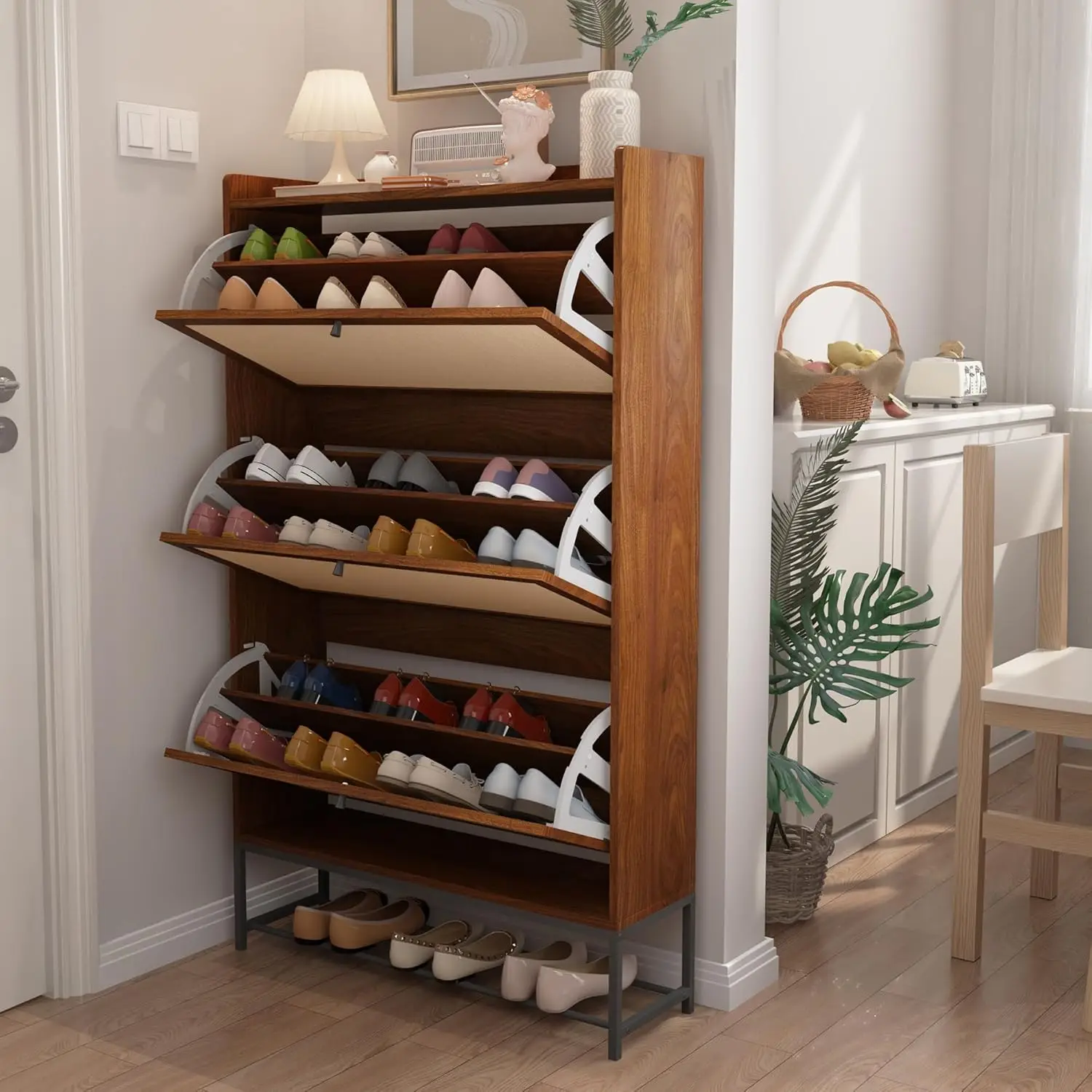 

Narrow Shoe Storage Cabinet with 3 Flip Drawers, Freestanding Wooden Closed Shoe Rack, Hallway, Living Room (Walnut)