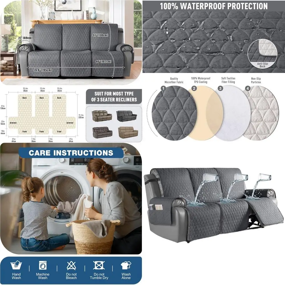 

100% водонепроницаемый чехол для кресла-реклайнера, моющийся нескользящий чехол для дивана с эластичными ремнями для 3-местных диванов, серый, подходит для домашних животных