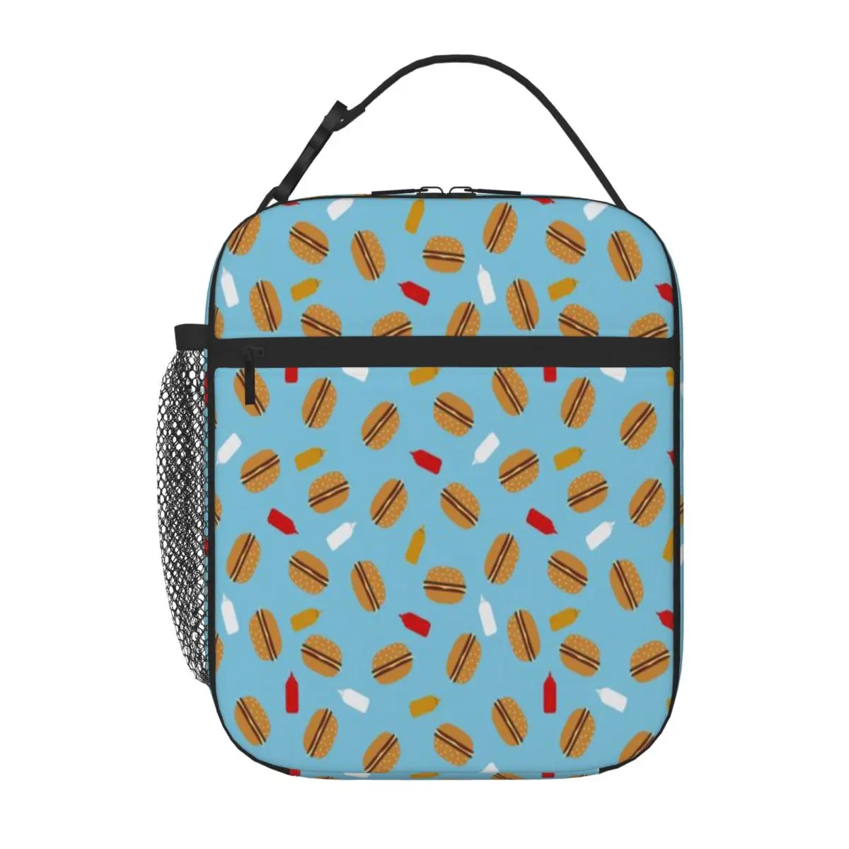Hot Sale Pattern Of Burgers And Sauces Stitched Detail Lunch Carrier Mountain Trip Large Lunch Bag