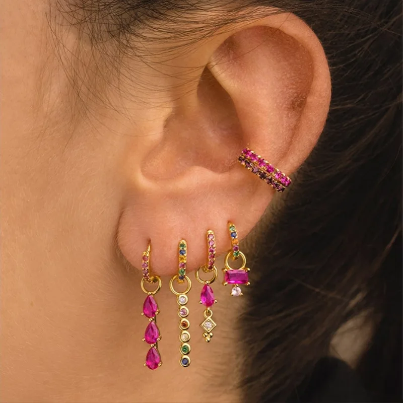 ZAKOL 6pcs/set Luxury Rose Red Colorful Zircon Stainless Steel Water Drop Hoop Earring For Women Huggie Women's Jewelry