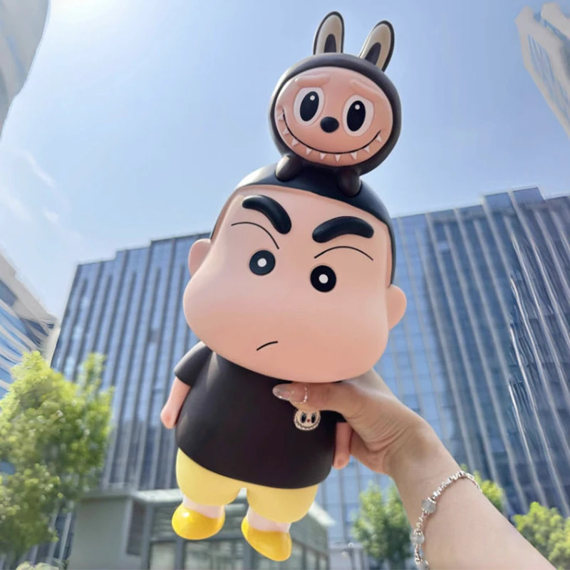 40cm Cartoon Crayon Shinchan And Lying On Top Of His Head Labubu Anime Figure Decoration Collection Birthday Toys And Gift