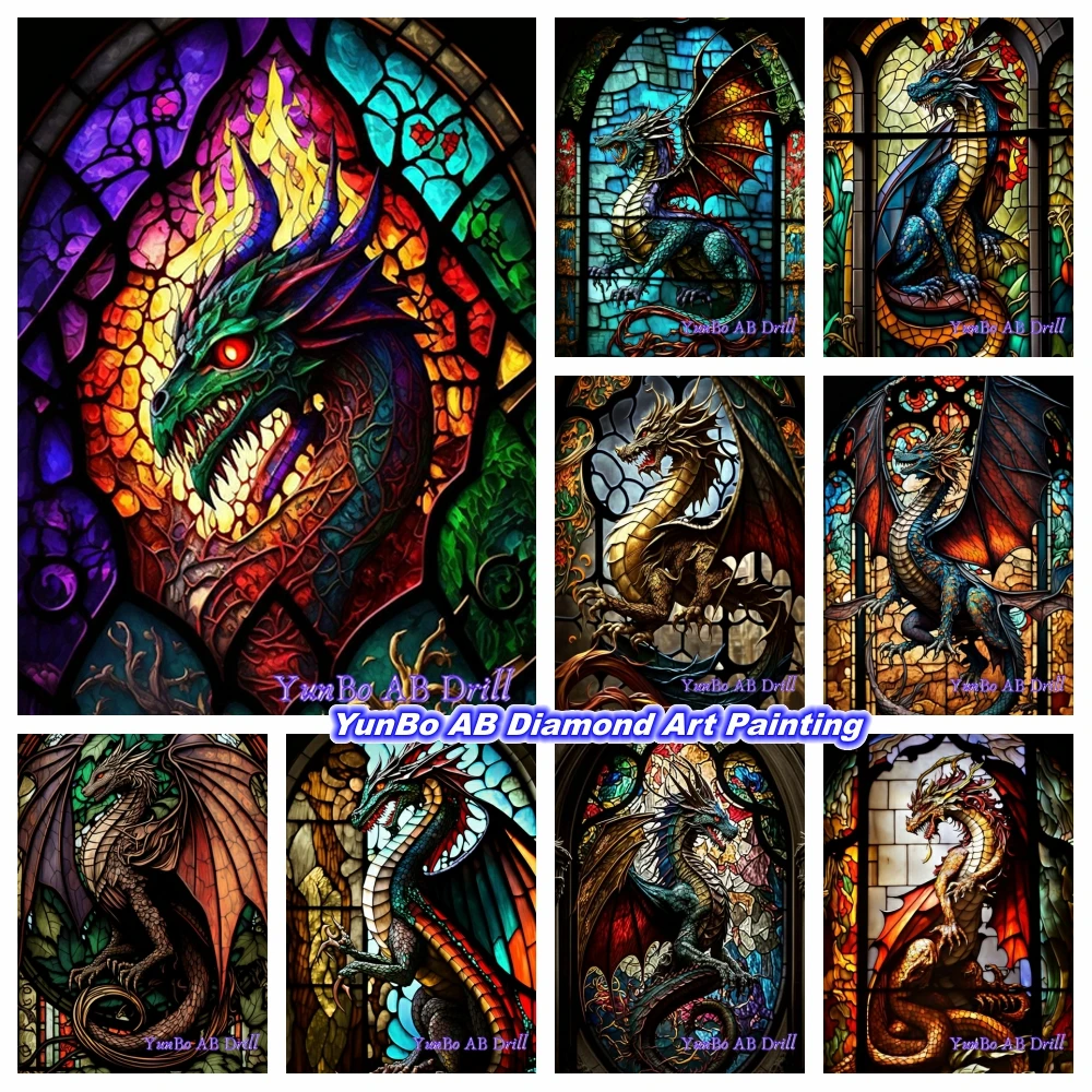 

Fantasy Absolutely Fly Dragon Stained Glass DIY AB Drill Diamond Painting Rhinestone Animal Illustration Cross Stitch Home Decor