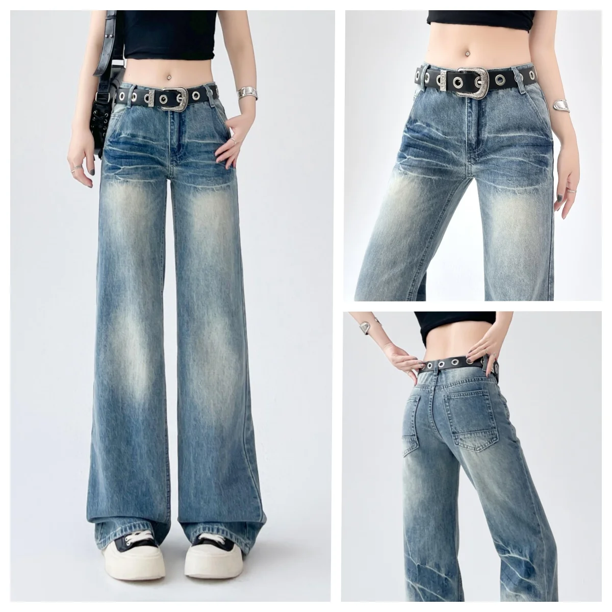 

Fashionable Casual Low-Waisted Wide-Leg Jeans American Retro Nostalgic Straight Pants Women's Trousers